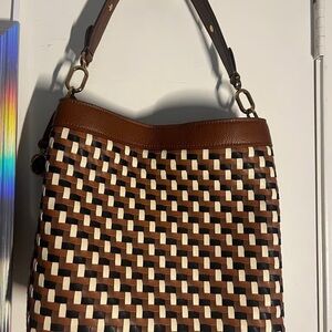 Fossil Brown and Cream Woven Shoulder Bag
